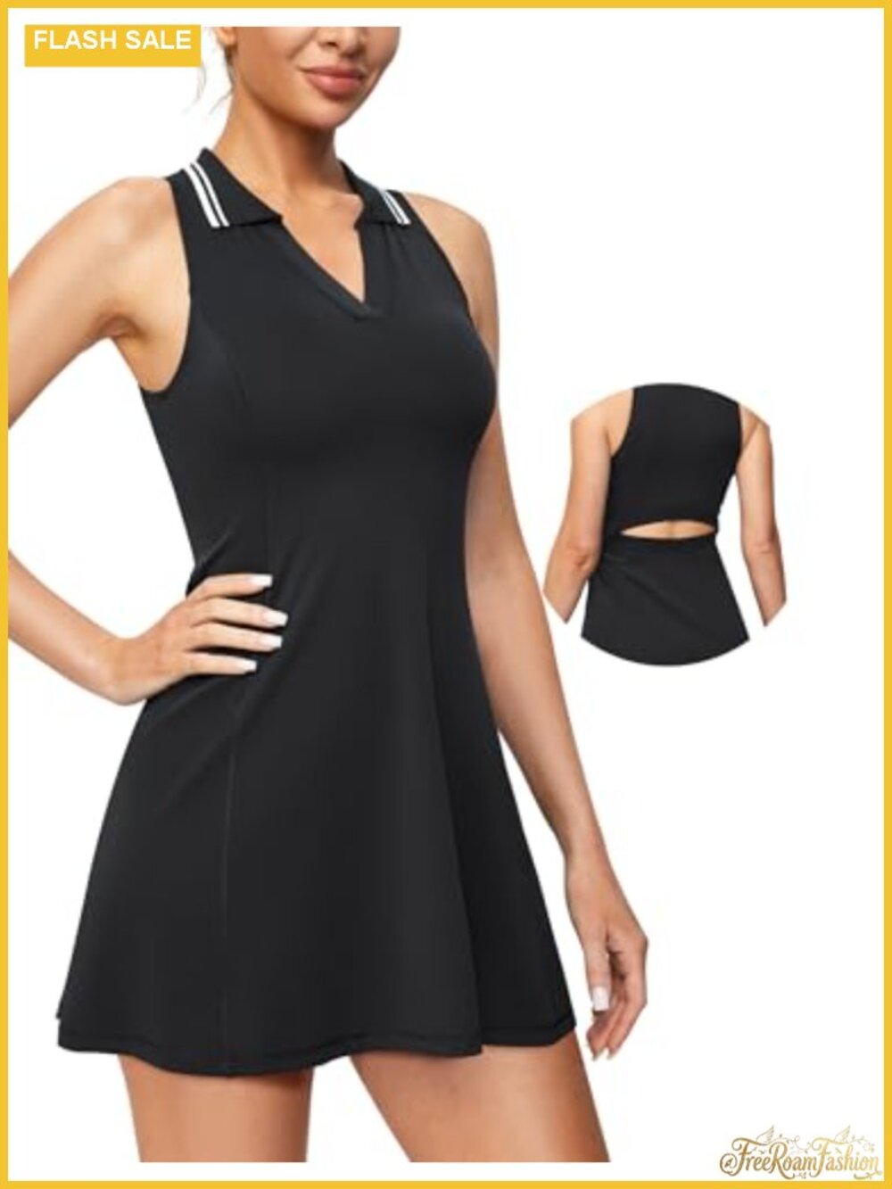 Sleeveless Tennis Dress with Detachable Shorts, Built-in Bra, Back Cutout